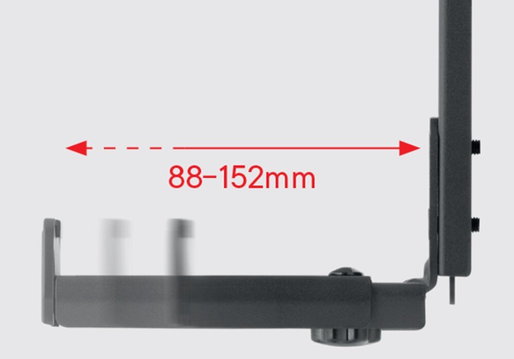 Uchwyt do soundbara ONE FOR ALL WM5310 Schemat uchwytu ściennego z czerwoną strzałką i napisem '88-152mm' pokazującym zakres regulacji głębokości