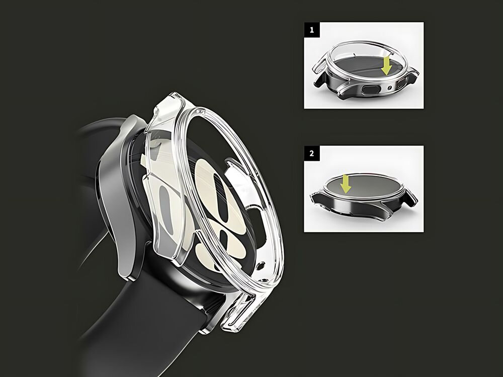 Etui ARAREE Nukin do Samsung Galaxy Watch 7 (44mm) Przezroczysty Grubość etui odporność użytkowanie przezroczystość szybkie i intuicyjne zakładanie dopasowanie strony z przyciskiem następnie delikatnie docisnąć pozostałą część obudowy optymalnie przylega do urządzenia stabilne podczas codziennego użytkowania nie ogranicza funkcjonalności telefonu obsługuje ładowanie bezprzewodowe