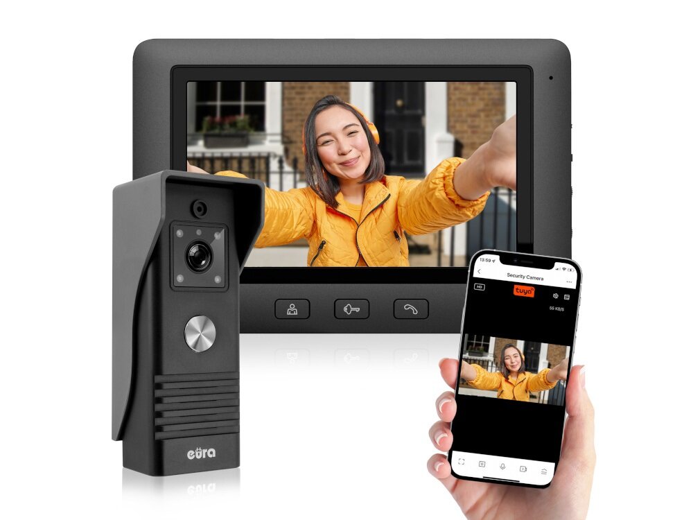 Wideodomofon EURA VDP-45A3-TY Alpha+ Czarny modul Wi-Fi aplikacja mobilna TUYA Smart sterowanie smartfonem podglad obrazu w czasie rzeczywistym komunikacja z osoba odwiedzajaca zdalne otwieranie furtki drzwi na Android i iOS