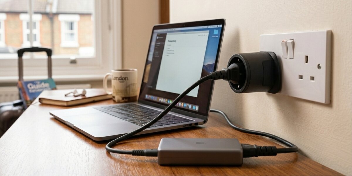 Na drewnianym biurku stoi otwarty laptop, obok którego znajduje się kubek z napisem \'London\'. W gniazdku ściennym podłączony jest czarny adapter z wtyczką, do którego podłączony jest kabel z urządzeniem elektronicznym.