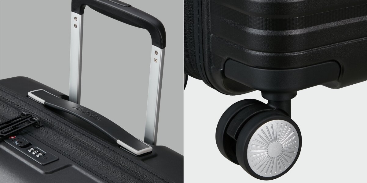 WALIZKA AMERICAN TOURISTER HELLO CABINE SPINNER 55 CZARNY kółka rączka wyciągnięta Nacisk na detale ciche zamki zamykanie suwak 4 kółka dolidne trwałe widoczne Wyraźne logo uchwyt do przenoszenia