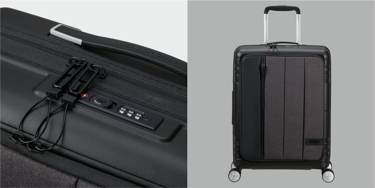 WALIZKA AMERICAN TOURISTER HELLO CABINE SPINNER 55 CZARNY kod zamek tył zabezpieczenie Solidność wymiary 40 x 55 x 22/25 cm bagaż podręczny zbudowany zamek szyfrowy zalecenia IATA