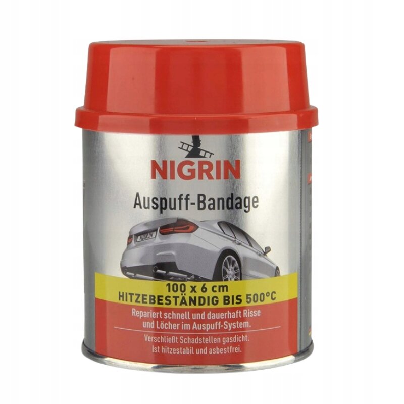 Puszka z czerwonym wieczkiem, na której widnieje napis \'NIGRIN Auspuff-Bandage\'. Na etykiecie znajduje się obraz samochodu oraz tekst \'100 x 6 cm HITZEBESTÄNDIG BIS 500°C\'.