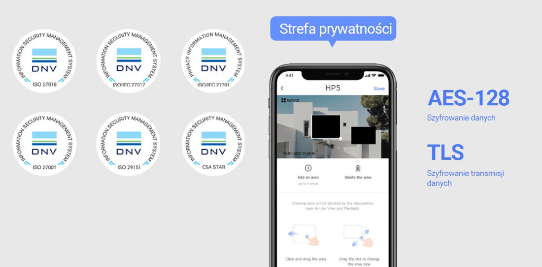 Kamera EZVIZ H3C 3K Zewnętrzna, Wi-Fi / LAN Ochrona danych DNV ISO/IEC 27001:2013 ISO/IEC 27701:2019 CSA STAR wysokie standardy bezpieczeństwo