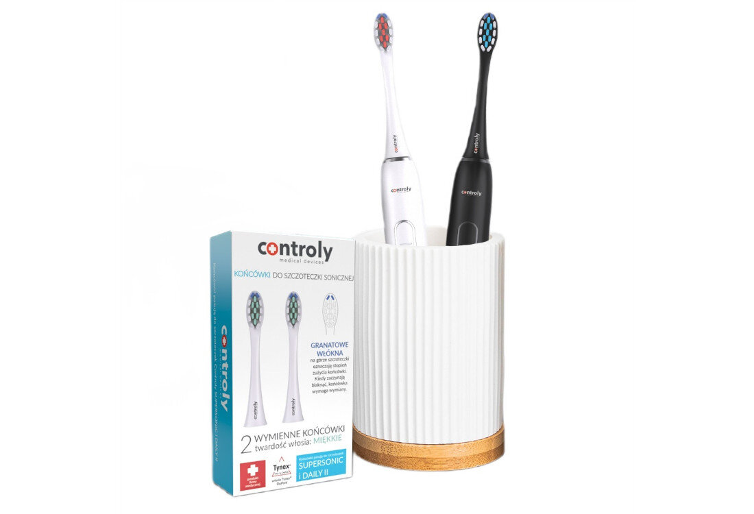 Oryginalna końcówka szczoteczki CONTROLY Supersonic miękkie białe (2 szt.) (Delikatne dla dziąseł) wygląd design prezentacja wizualizacja Komfort codziennej pielęgnacji