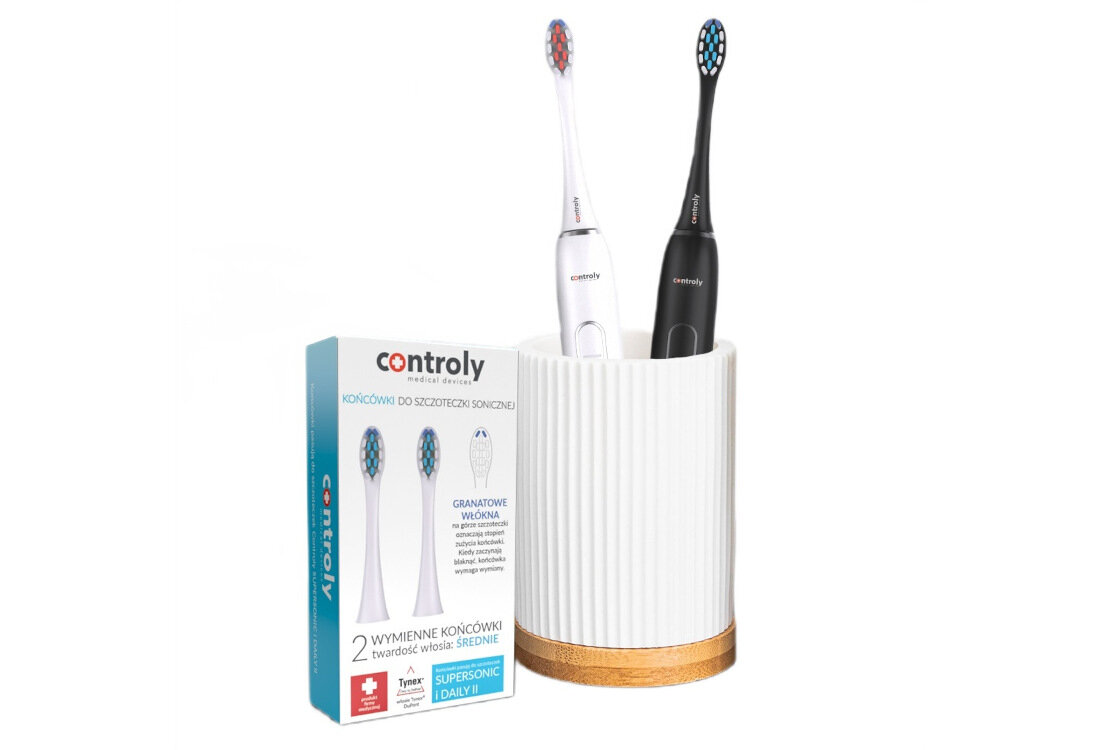 Oryginalna końcówka szczoteczki CONTROLY Supersonic średnie czarne (2 szt.) (Delikatne dla dziąseł) wygląd design prezentacja wizualizacja Komfort codziennej pielęgnacji