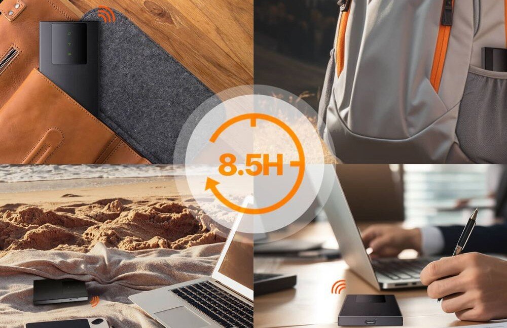 Router TENDA 4G180 v4.0 Kolaż czterech zdjęć pokazujący ruter w różnych sytuacjach: w skórzanej aktówce, w bocznej kieszeni plecaka, na plaży obok laptopa oraz na biurku podczas pracy, z centralną grafiką przedstawiającą napis '8.5H' i pomarańczową strzałkę w kształcie okręgu
