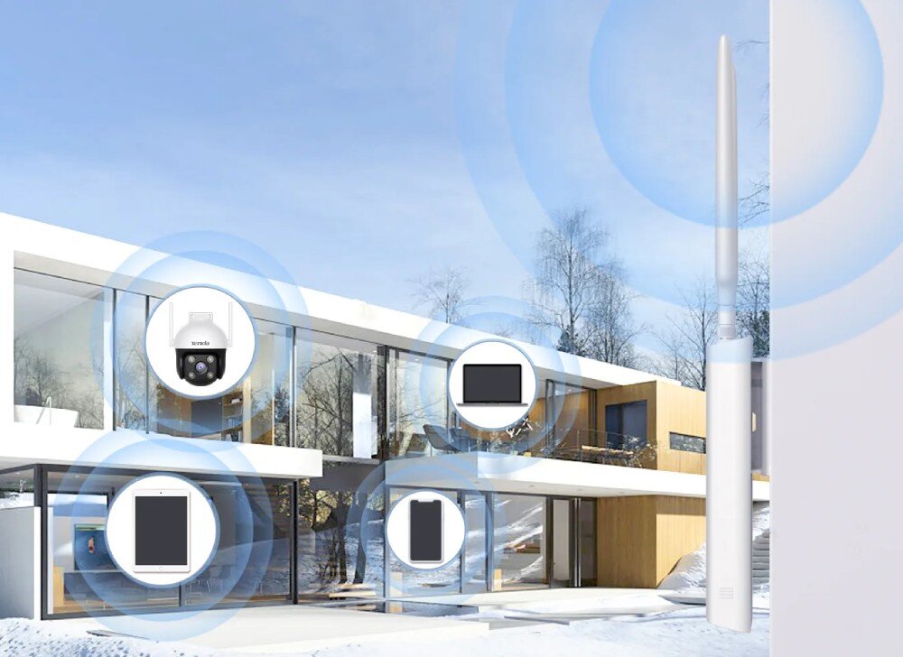 Na obrazie widoczny jest nowoczesny budynek z dużymi oknami, wokół którego unoszą się niebieskie fale sygnalizujące zasięg Wi-Fi. Obok budynku znajduje się biały punkt dostępu z anteną, a w powietrzu widoczne są ikony urządzeń elektronicznych, takich jak kamera, laptop i tablet.