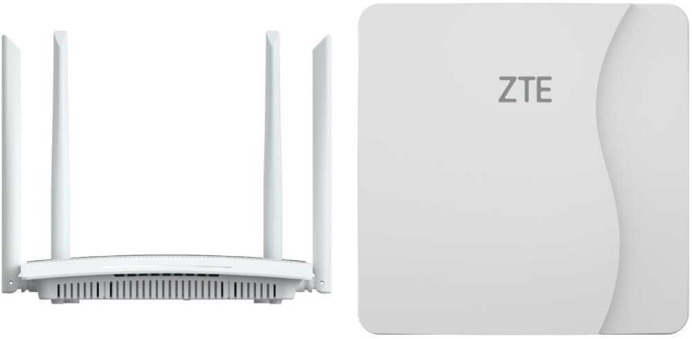 Router ZTE MF258 Pro Zestaw sieciowy składający się z dwóch urządzeń – białej, kwadratowej anteny zewnętrznej oraz routera wewnętrznego z czterema pionowymi antenami, przeznaczenie, działanie, sieć LTE