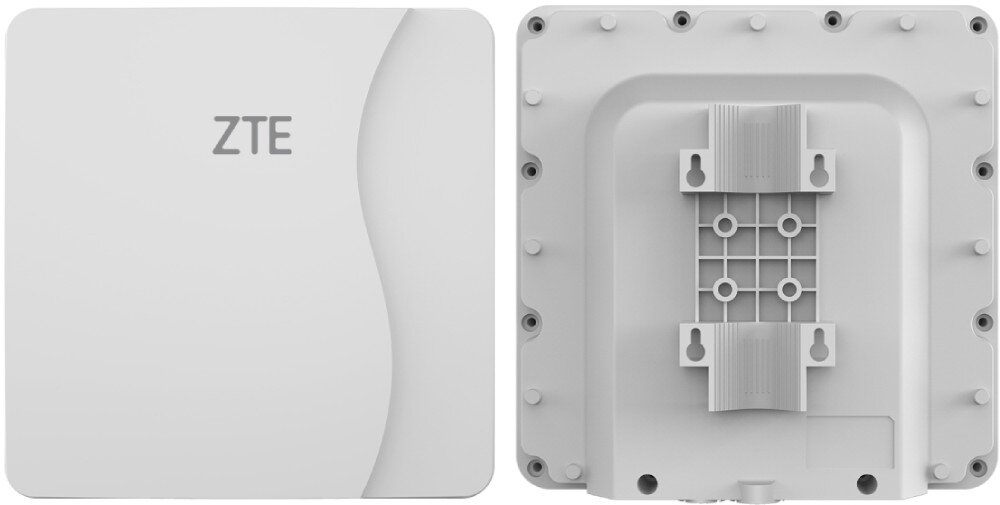 Router ZTE MF258 Pro Widok anteny zewnętrznej – przód i tył. Kwadratowa obudowa z logo producenta i mocowaniem na tylnej ścianie, przepustowość, sygnał LTE