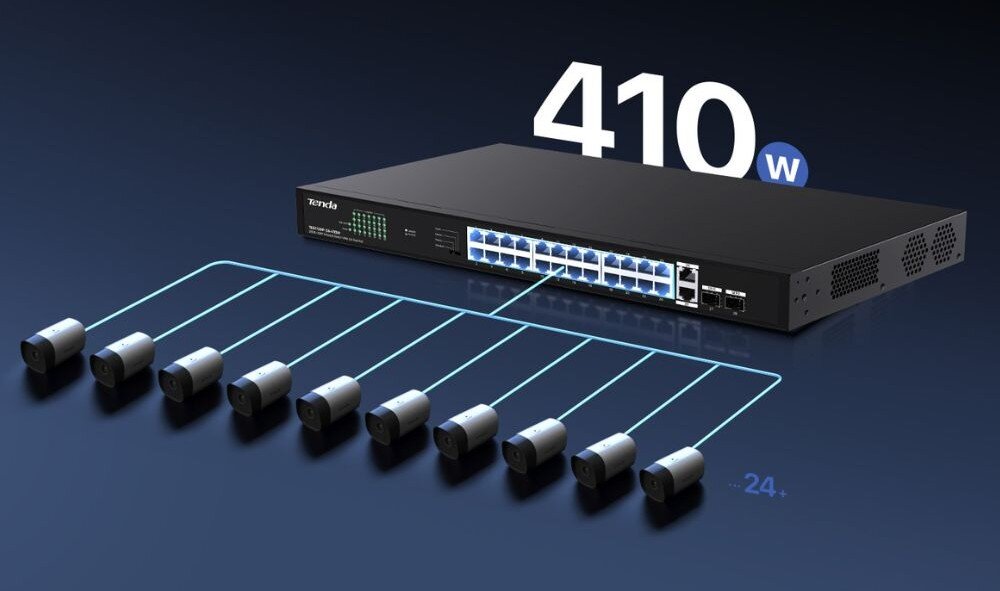 Switch TENDA TEG1128P-24-410W Przełącznik Tenda, z jednego portu wychodzi linia, która rozdziela się i dochodzi do 10 kamer. Z tyłu przełącznika napis 410 W.