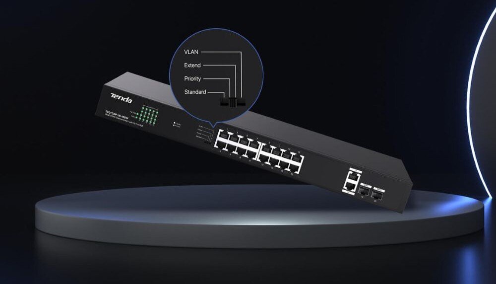 Switch TENDA TEG1120P Tenda TEG1120P-16-150W i powiększenie w dymku przełącznika między trybami