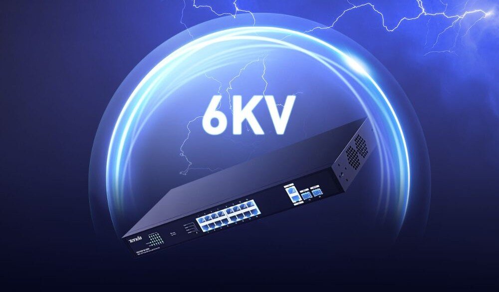 Switch TENDA TEG1120P Tenda TEG1120P-16-150W na tle łuku z napisem 6 kV i piorunami