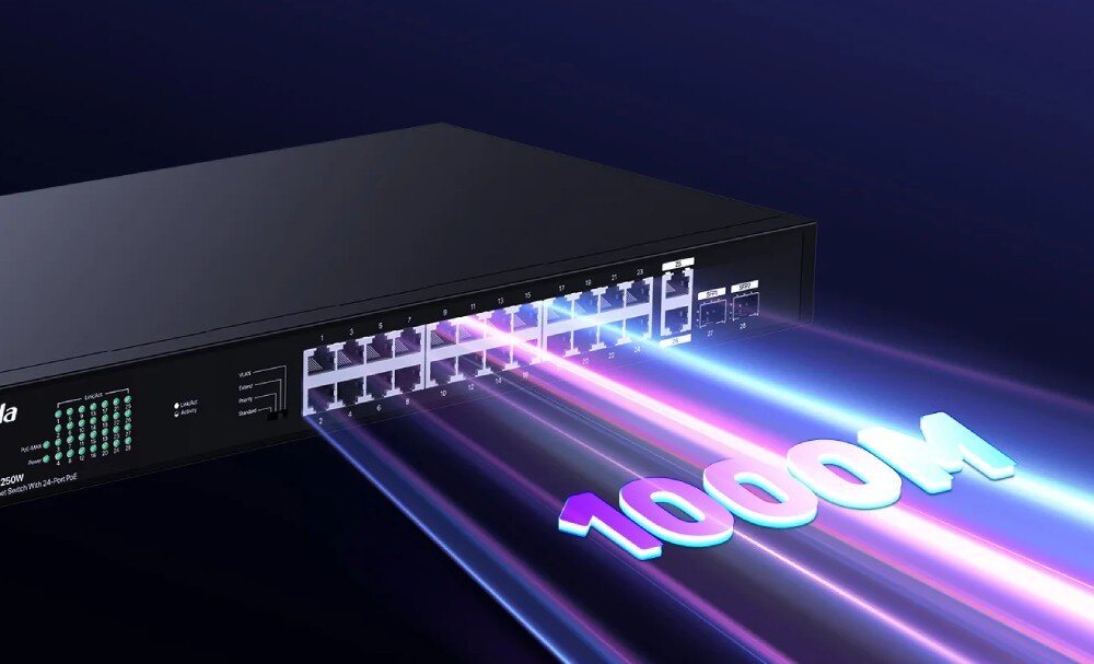 Obraz przedstawia czarny switch sieciowy z 28 portami, z których emanują kolorowe promienie światła. Na promieniach widoczny jest napis \'1000M\'.