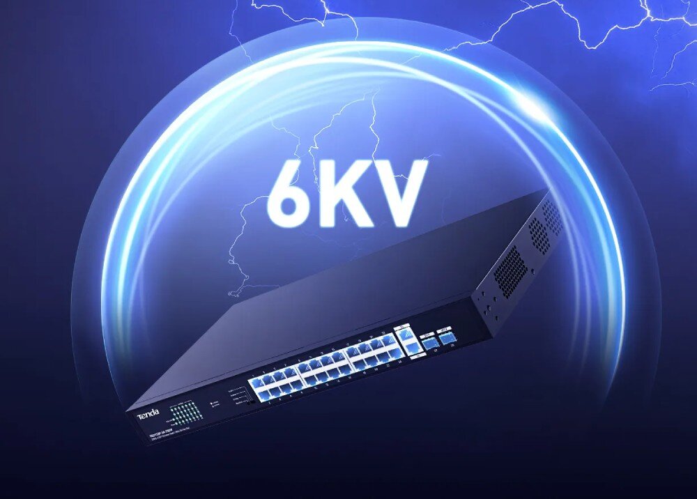 Na obrazie widoczny jest switch sieciowy z logo \'tenda\', otoczony niebieską poświatą z napisem \'6KV\'.