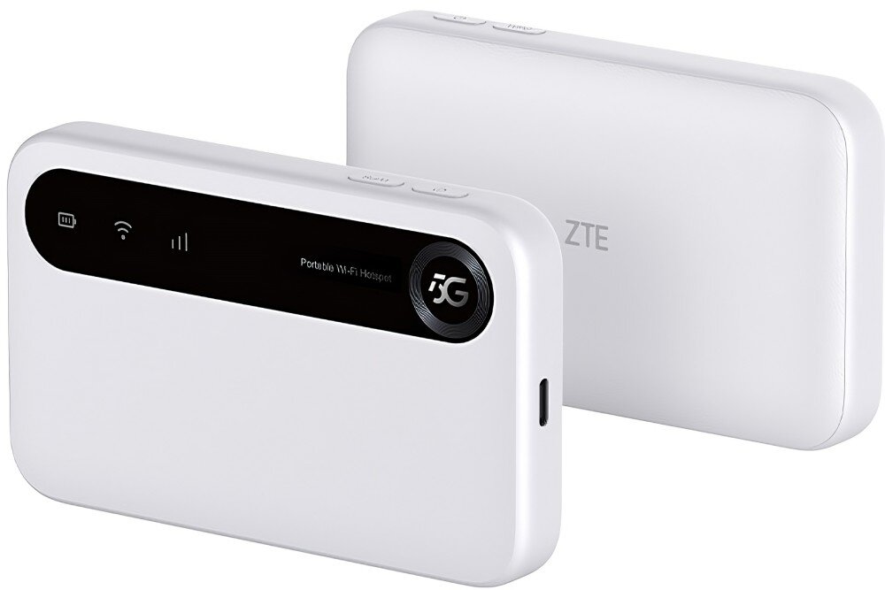 Router ZTE U50 2.4 / 5 GHz (DualBand), Gniazdo SIM Dwa ujęcia routera – jedno z przodu, drugie z tyłu. Na przednim panelu widoczne są ikony sygnalizujące połączenie, a na tylnej obudowie znajduje się logo producenta, wygląd, kolor, obudowa