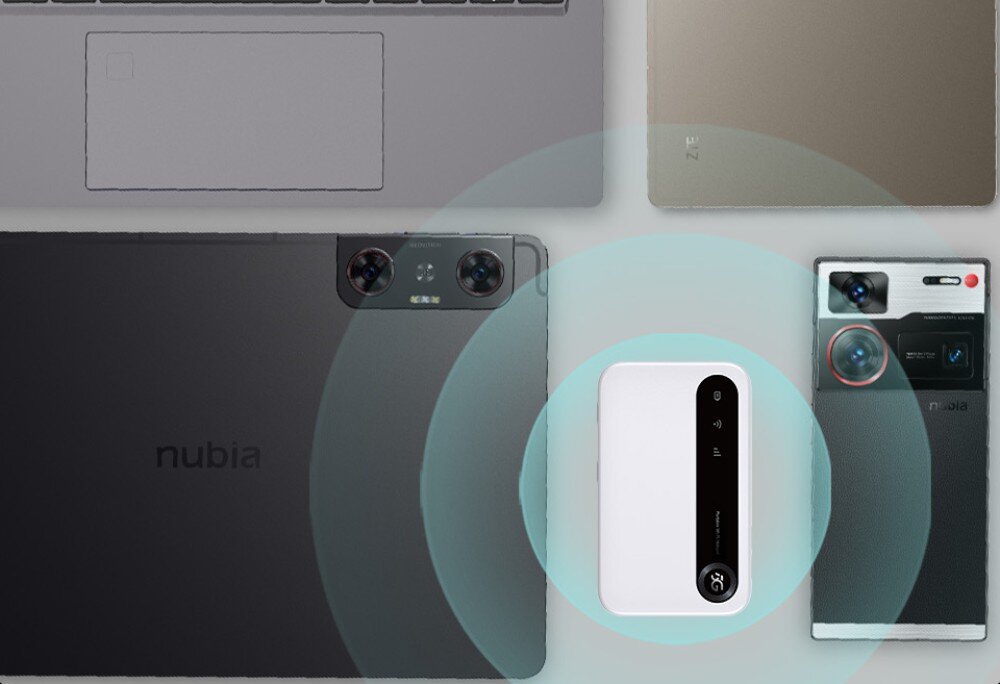 Router ZTE U50 2.4 / 5 GHz (DualBand), Gniazdo SIM Router otoczony różnymi urządzeniami, takimi jak laptopy i smartfony, sugerujący możliwość podłączenia wielu sprzętów jednocześnie, podłączenie urządzeń, sygnał