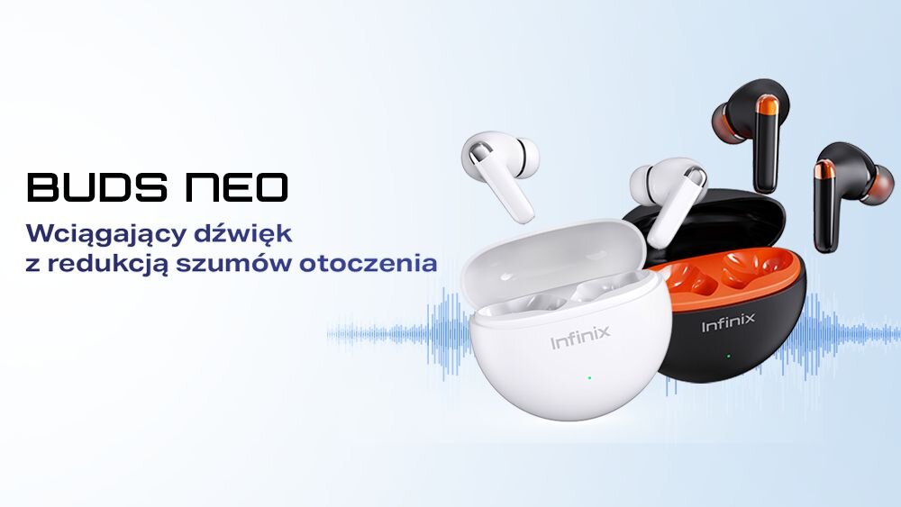 Słuchawki dokanałowe INFINIX Buds Neo XE26 ANC design komfort lekkość dźwięk jakość wrażenia słuchowe ergonomia lekkość sport aktywność podróże czas pracy działanie akumulator