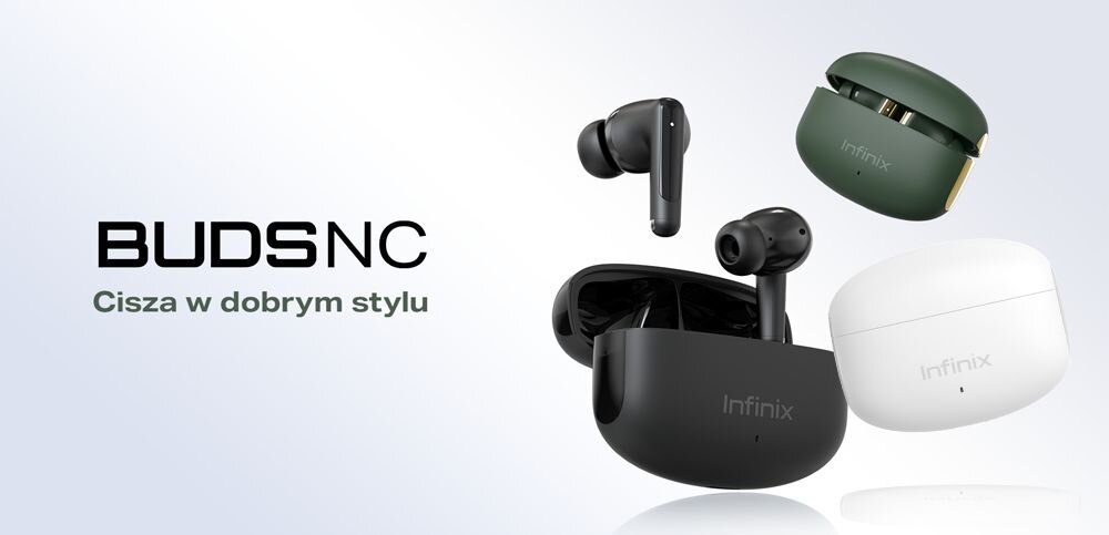 Słuchawki dokanałowe INFINIX XBuds NC XE28 ANC design komfort lekkość dźwięk jakość wrażenia słuchowe ergonomia lekkość sport aktywność podróże czas pracy działanie akumulator