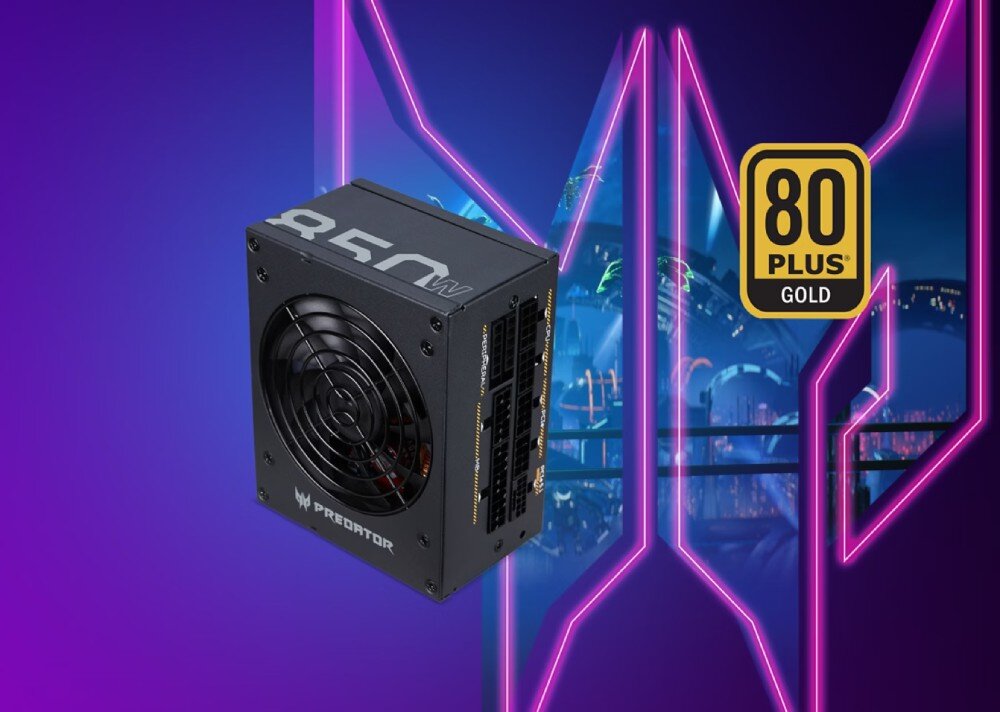 Zasilacz ACER GX850 Zasilacz komputerowy z widocznym wentylatorem i logo 'Predator' na tle fioletowego światła oraz znakiem '80 Plus Gold' po prawej stronie