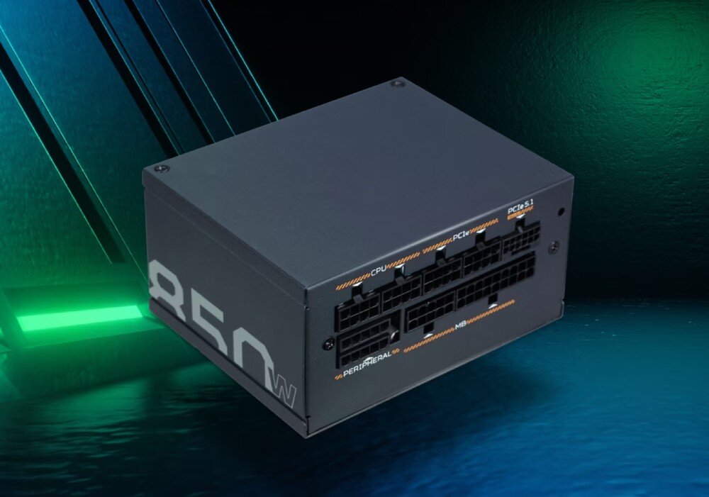 Zasilacz ACER GX850 Zasilacz komputerowy z widocznymi złączami modularnymi oznaczonymi 'CPU', 'PCIe', 'PERIPHERAL' i 'MB' na tle w odcieniach zieleni