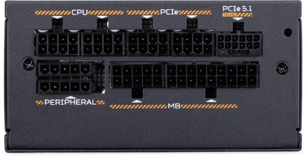 Zasilacz ACER GX850 Zbliżenie na panel modularny zasilacza z gniazdami dla przewodów opisanymi 'CPU', 'PCIe', 'PERIPHERAL', 'MB' oraz 'PCIe 5.1'