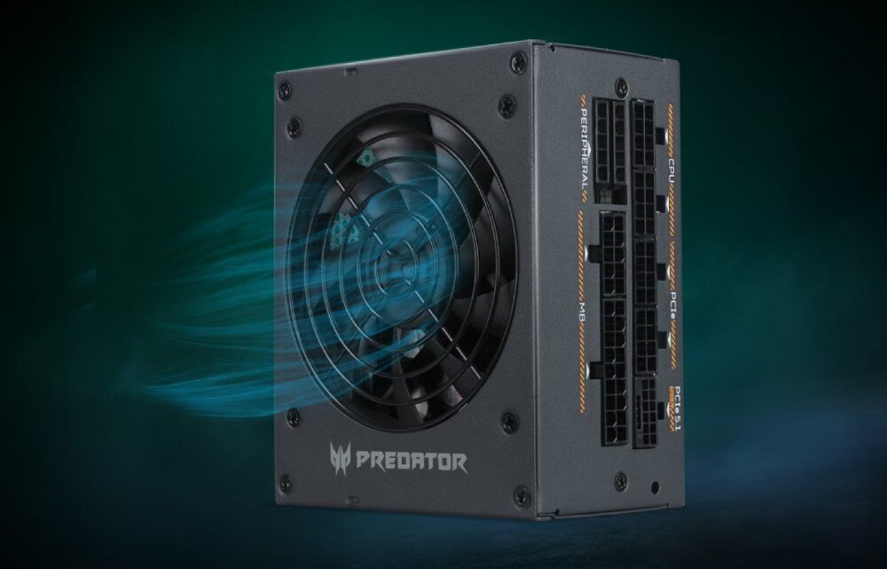 Zasilacz ACER GX850 Zasilacz komputerowy z wentylatorem, z którego wizualnie ukazany jest przepływ powietrza, oraz złączami modularnymi po prawej stronie