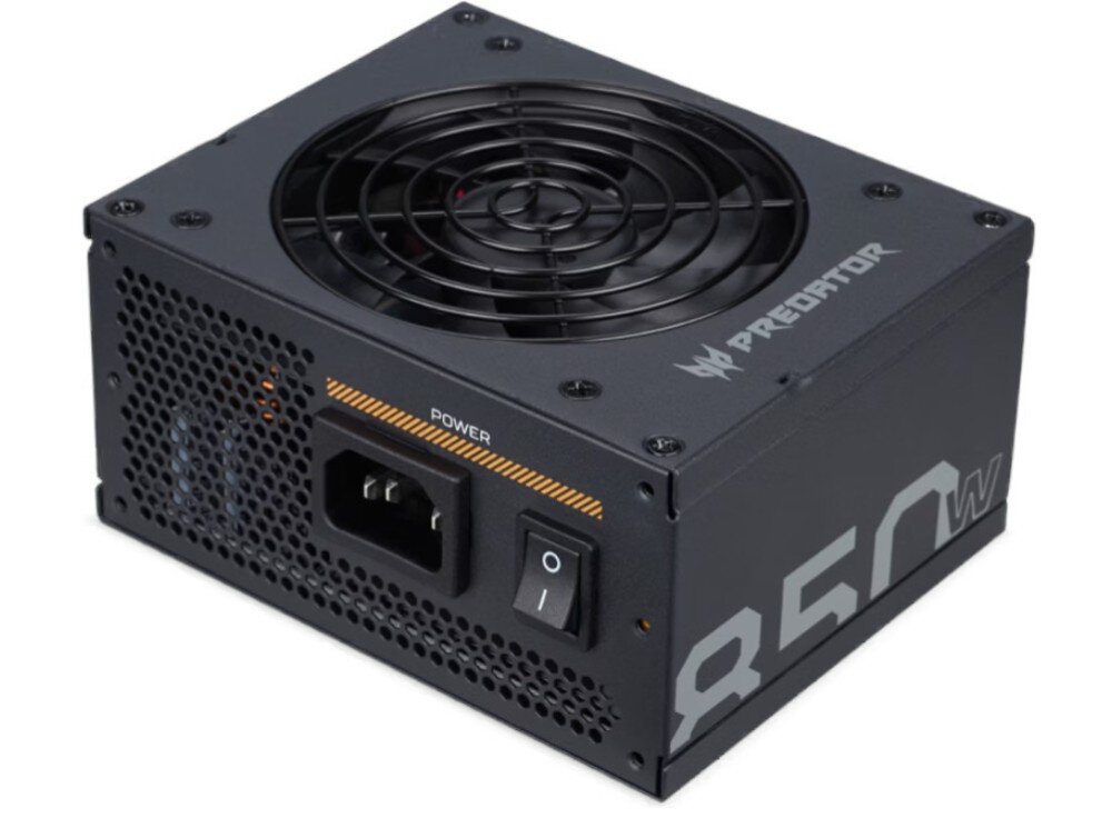 Zasilacz ACER GX850 Zasilacz komputerowy z wentylatorem na górze i widocznym włącznikiem zasilania oraz gniazdem kablowym, na obudowie duży napis '850W'