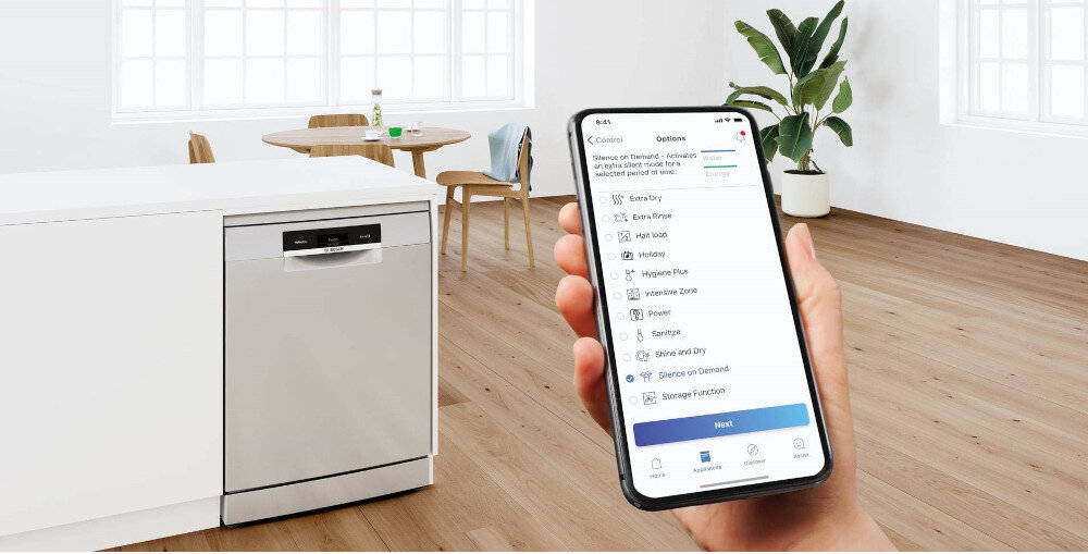 Zmywarka BOSCH SMS4HVC03E zdalne sterowanie aplikacja Home Connect smartfon tablet konfiguracja monitorowanie zużycia energii licznik tabletek