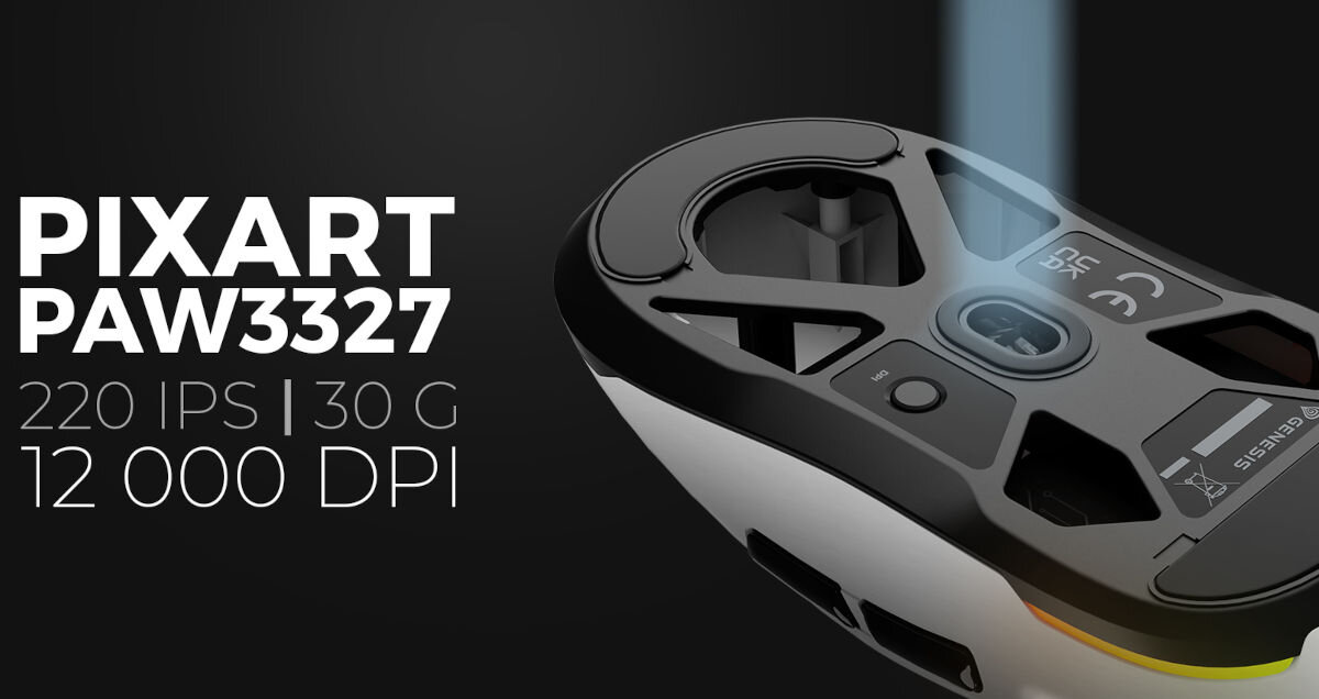 Mysz GENESIS Krypton 660 RGB Biały precyzyjny sensor PAW3327 o rozdzielczości do 12 000 DPI brak zjawiska akceleracji pozytywnej i negatywnej