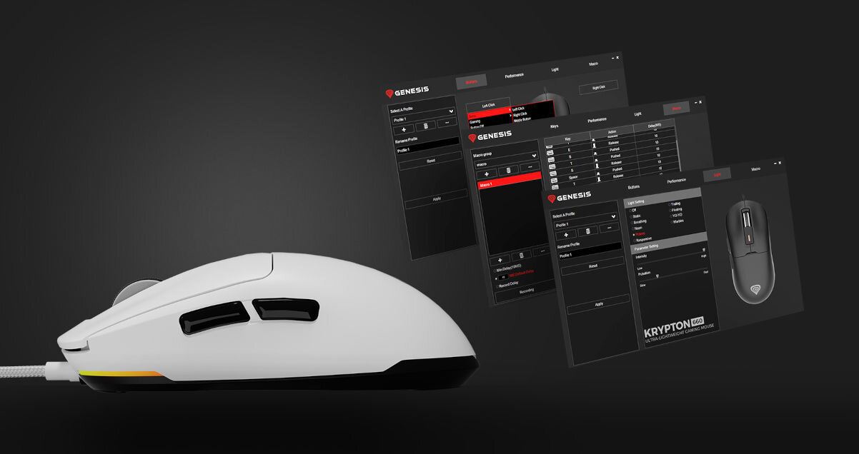 Mysz GENESIS Krypton 660 RGB Biały aplikacja Genesis możliwość tworzenia profili ustawiania makr personalizacji przycisków i podświetlenia