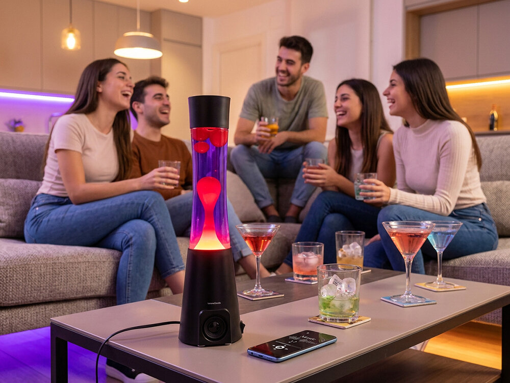 Lampka nocna INNOVAGOODS Lava Maglamp z głośnikiem Czarny, lampa, światło, klimat, relaks, Grupa znajomych przy drinkach i lampie lawie.