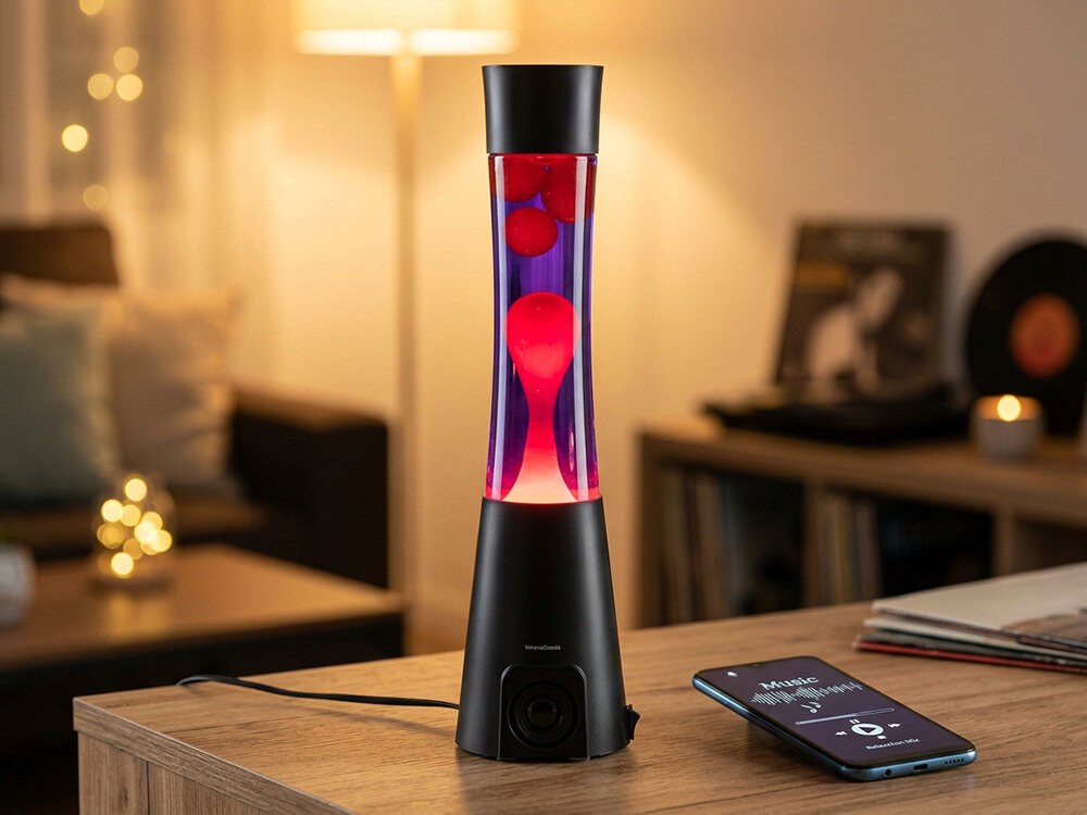 Lampka nocna INNOVAGOODS Lava Maglamp z głośnikiem Czarny, lampka, lawa, atmosfera, wosk, Odpoczynek w salonie z lampą lawą na stoliku.