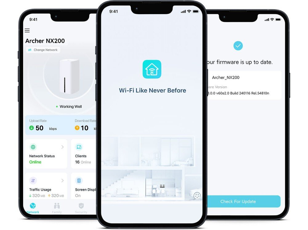 Router TP-LINK Archer NX200 5G Trzy smartfony z ekranami aplikacji do zarządzania routerem, prezentujące stan sieci, aktualizacje oprogramowania i konfigurację połączenia, ustawienia, obsługa, aplikacja, narzędzia