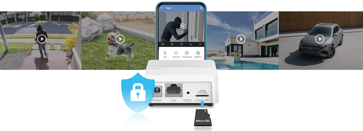 Centrala sterująca TP-LINK Tapo H200, Pamięć, microSD, nagrania, bezpieczeństwo, Zapisywanie nagrań z monitoringu na karcie pamięci.