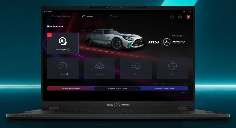 Laptop MSI Stealth 18 Mercedes AMG A1VHG-061PL 18 IPS Ultra 9-185H 64GB RAM 2TB SSD GeForce RTX4080 Windows 11 Home sztuczna inteligencja scenariusze optymalizacja MSI Center