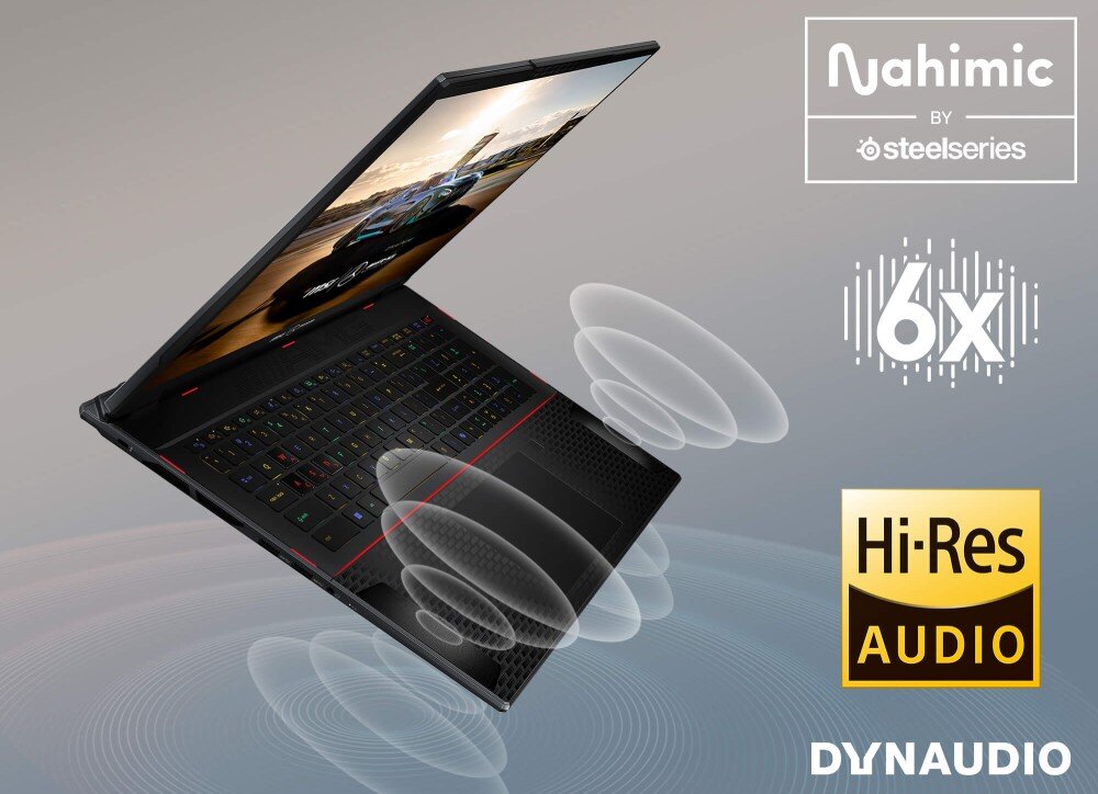 Laptop MSI Stealth 18 Mercedes AMG A1VHG-061PL 18 IPS Ultra 9-185H 64GB RAM 2TB SSD GeForce RTX4080 Windows 11 Home głośniki niskotonowe wysokotonowe dźwięk audio
