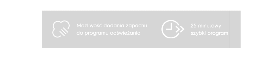 Obraz przedstawia dwa symbole: chmurkę z trzema liniami oraz zegar z podwójną strzałką. Obok nich znajdują się napisy: \'Możliwość dodania zapachu do programu odświeżania\' oraz \'25 minutowy szybki program\'.