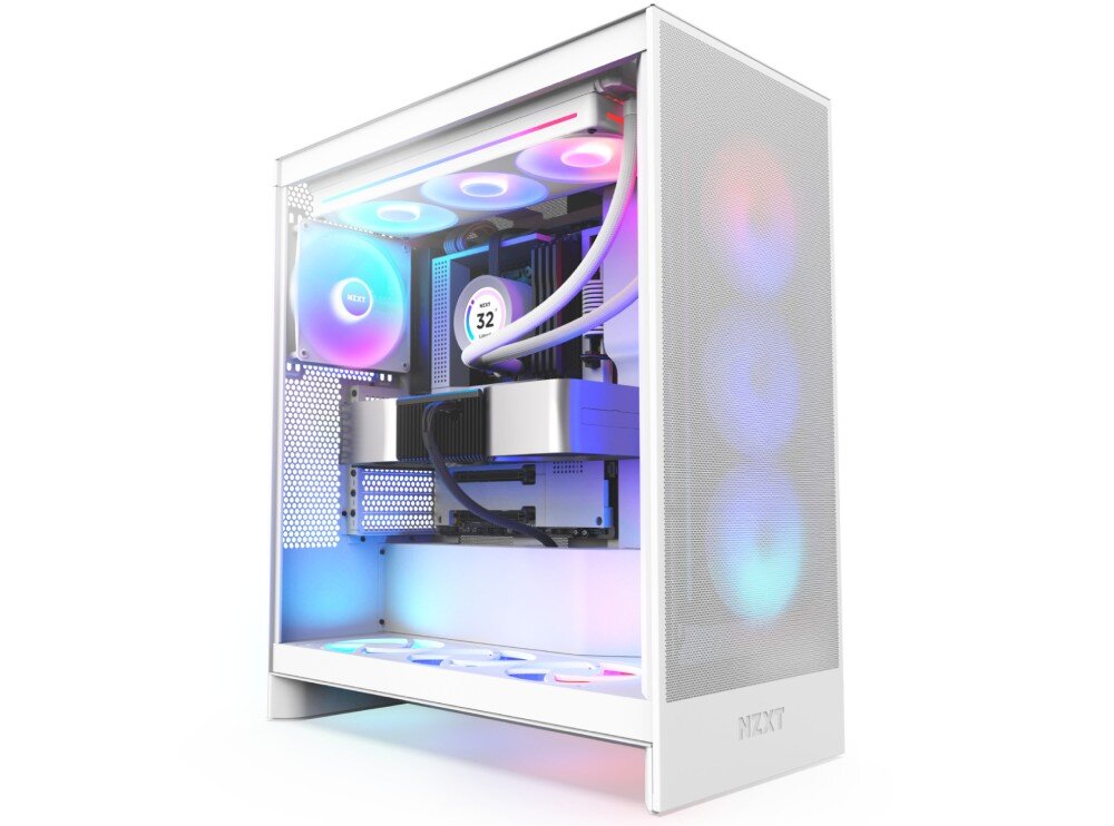 Obudowa NZXT H7 Flow RGB Komputer stacjonarny w obudowie z przeszklonym bokiem, z widocznymi podzespołami, chłodzeniem wodnym i podświetlanymi wentylatorami