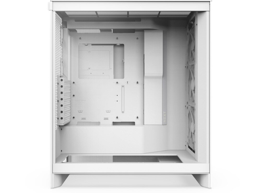 Obudowa NZXT H7 Flow RGB Pusta obudowa komputerowa widoczna z boku z odsłoniętym wnętrzem, miejscem na płytę główną i otworami na wentylatory
