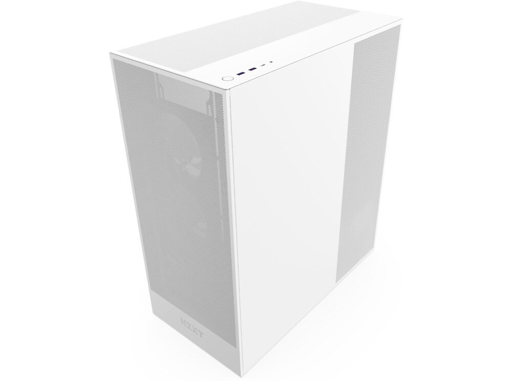 Obudowa NZXT H7 Flow RGB Obudowa komputerowa przedstawiona pod kątem od góry, z widocznym pełnym panelem bocznym, frontem z siatki oraz przyciskami i złączami