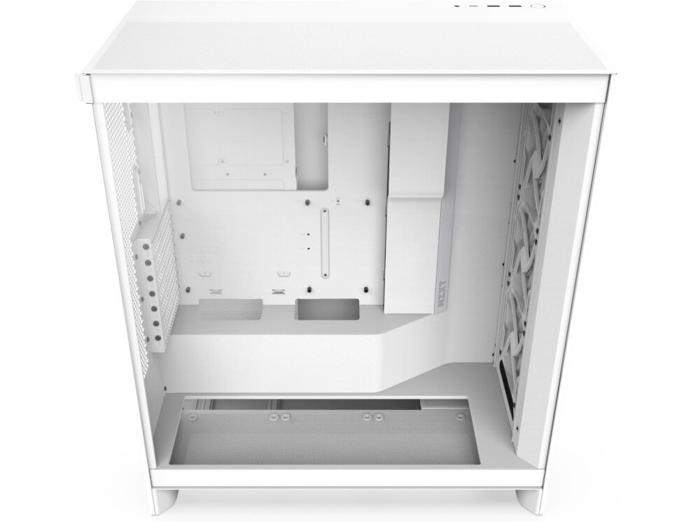 Obudowa NZXT H7 Flow RGB Pusta obudowa komputerowa ujęta pod lekkim kątem od góry, pokazująca przestronne wnętrze przeznaczone do montażu podzespołów