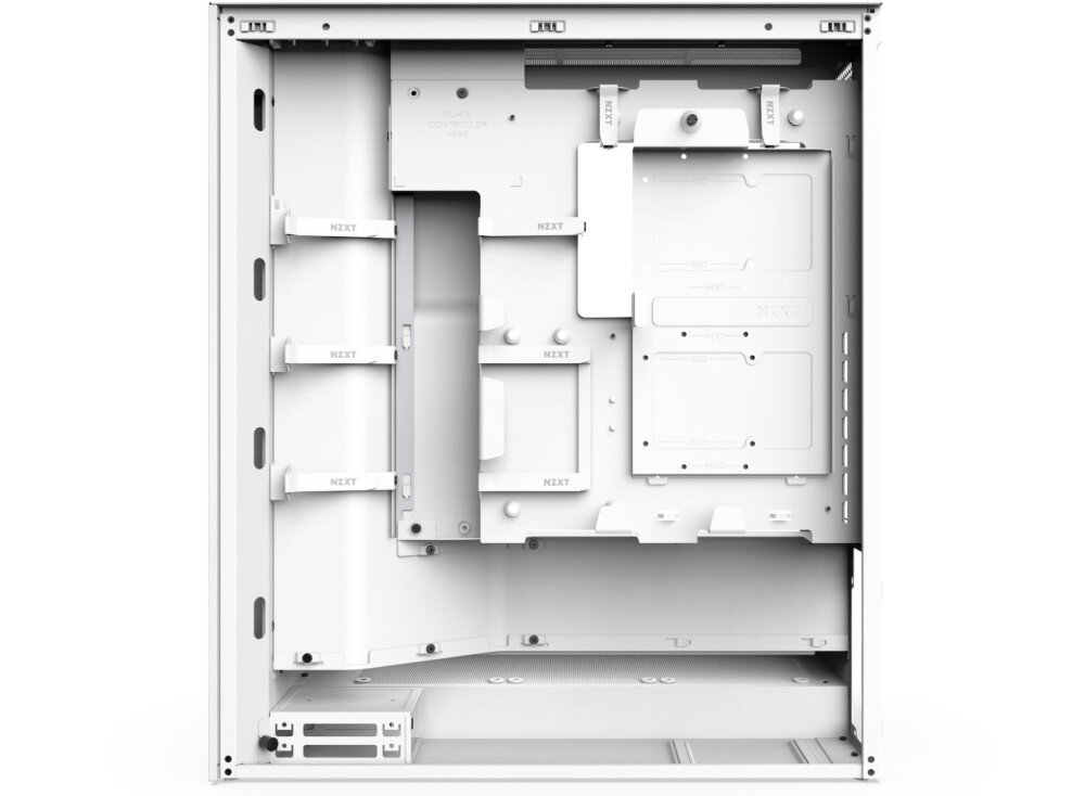 Obudowa NZXT H7 Flow RGB Tył wnętrza obudowy komputerowej z widocznymi uchwytami do prowadzenia przewodów oraz miejscami na montaż dysków