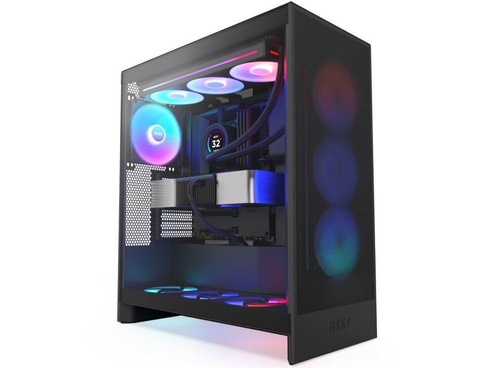 Obudowa NZXT H7 Flow RGB Komputer stacjonarny w obudowie z przeszklonym bokiem, z widocznymi podzespołami, chłodzeniem wodnym i podświetlanymi wentylatorami