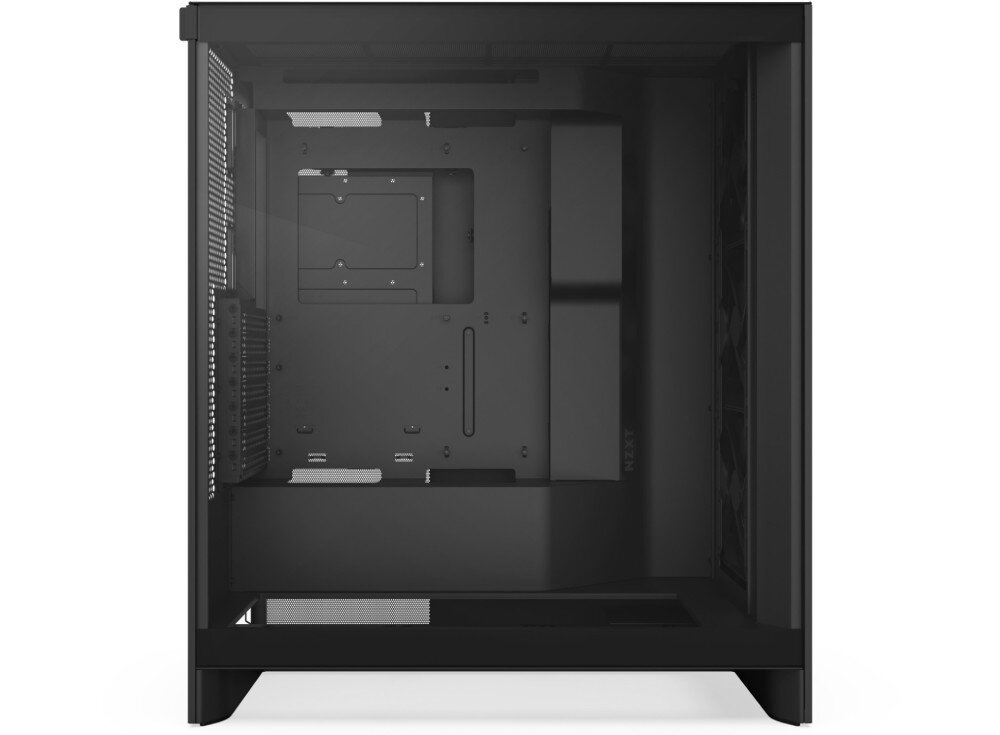 Obudowa NZXT H7 Flow RGB Pusta obudowa komputerowa widoczna z boku z odsłoniętym wnętrzem, miejscem na płytę główną i otworami na wentylatory