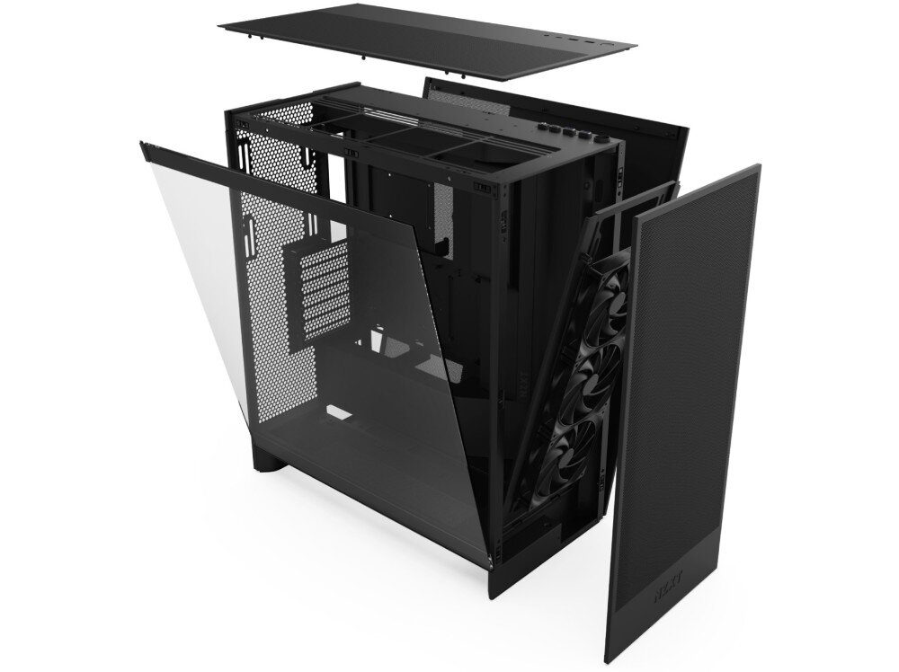 Obudowa NZXT H7 Flow RGB Obudowa komputerowa w widoku z rozłożonymi panelami bocznymi, górnym i przednim oraz ze zdemontowanym stelażem