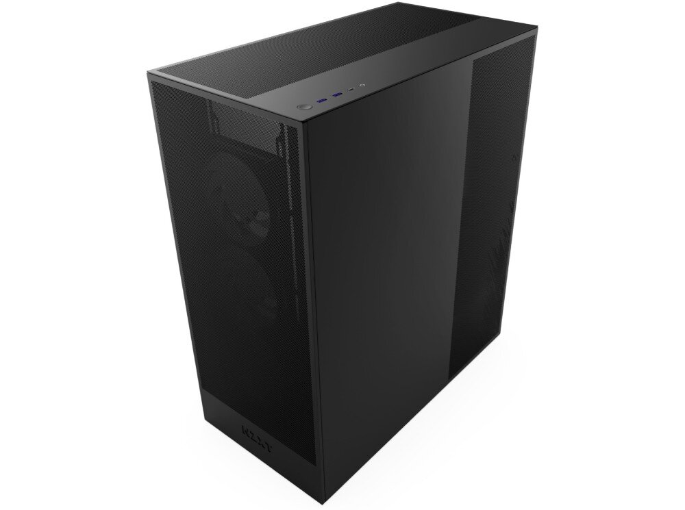 Obudowa NZXT H7 Flow RGB Obudowa komputerowa przedstawiona pod kątem od góry, z widocznym pełnym panelem bocznym, frontem z siatki oraz przyciskami i złączami