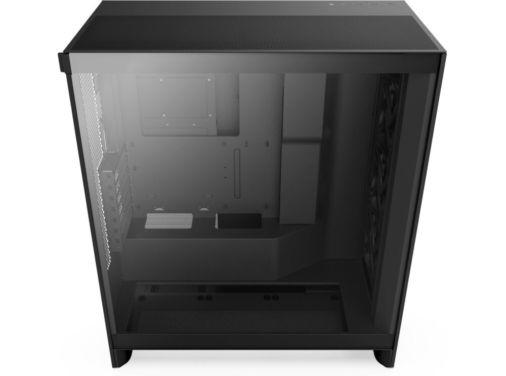 Obudowa NZXT H7 Flow RGB Pusta obudowa komputerowa ujęta pod lekkim kątem od góry, pokazująca przestronne wnętrze przeznaczone do montażu podzespołów