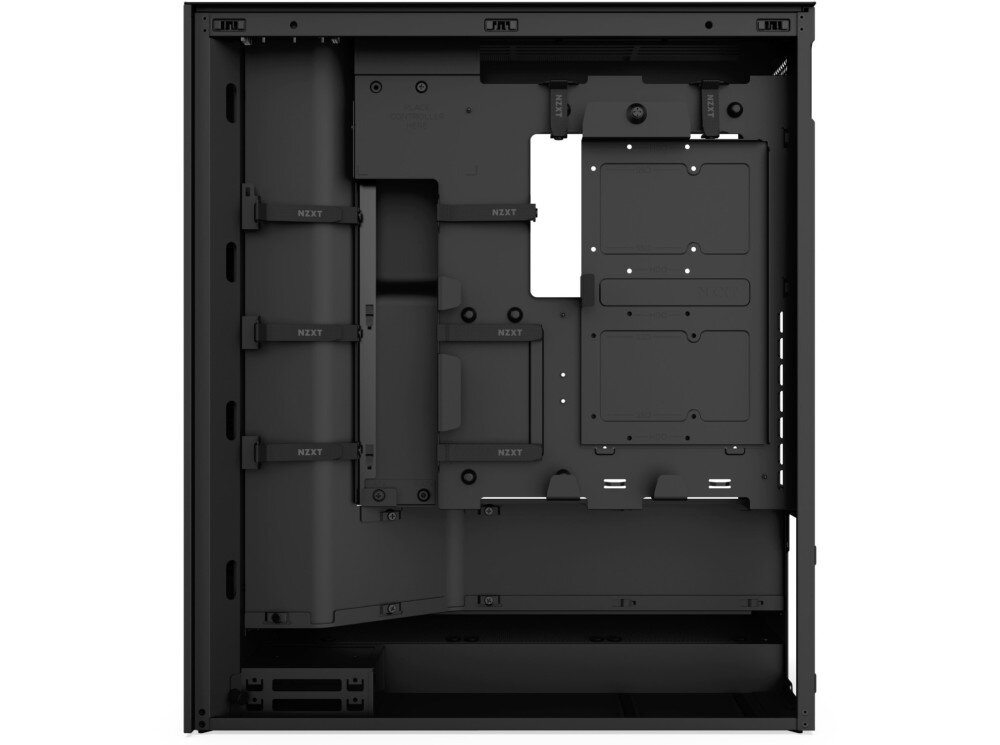 Obudowa NZXT H7 Flow RGB Tył wnętrza obudowy komputerowej z widocznymi uchwytami do prowadzenia przewodów oraz miejscami na montaż dysków
