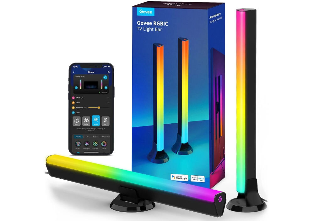 Lampa LED GOVEE H6046 Wi-Fi/Bluetooth lampy pudełko i telefon z włączoną aplikacją na białym tle długość wysoka jasność oświetlenie z trzech stron